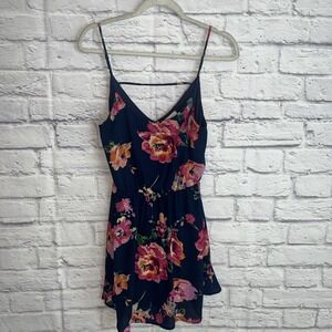 Everly Women's Navy & Floral Print Skater Dress Feminine Balletcore Size Small